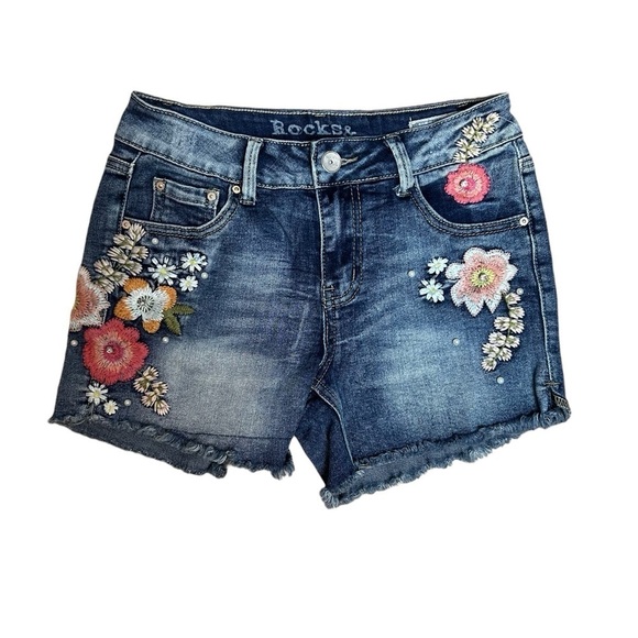 Rocks & Indigo Embroidered Floral with Rhinestone & Pearl Accent Denim Shorts - Picture 1 of 11